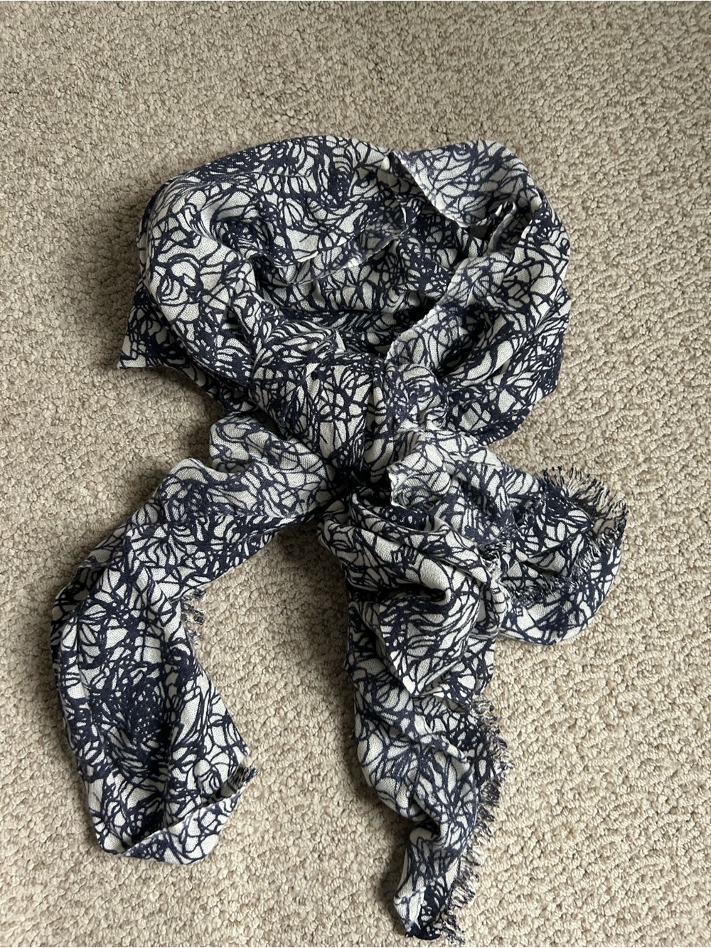 Christopher Fischer Cashmere and Silk Navy and White Abstract Print Scarf